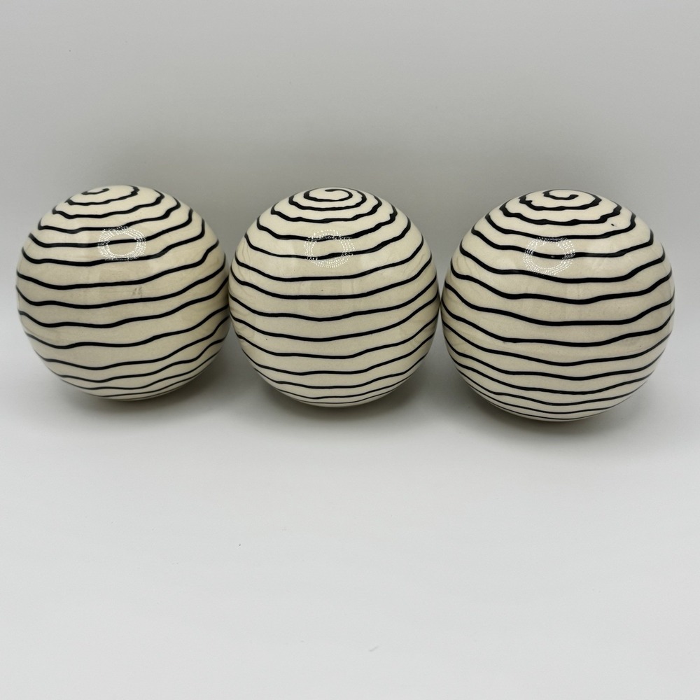 Vtg Ceramic Porcelain Carpet Ball Decorative Cream Black Stripes 3.5" Set Of 3